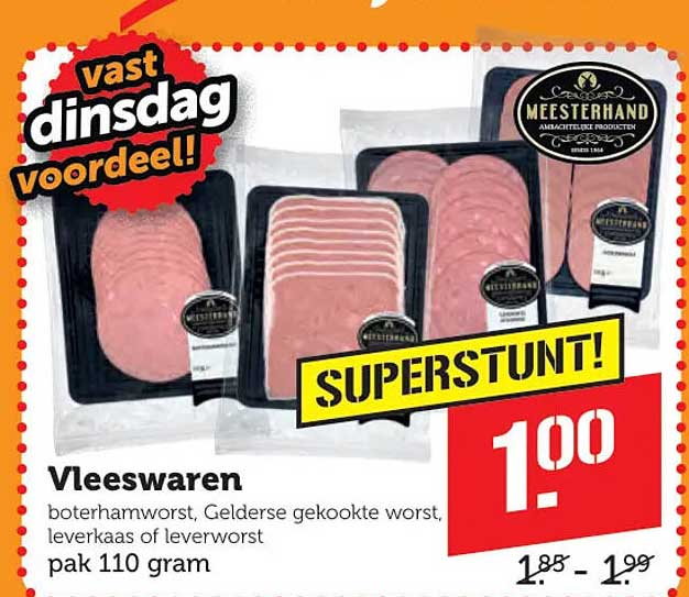 Vleeswaren boterhamworst, Gelderse gekookte worst, leverkaas of leverworst pak 110 gram SUPERSTUNT!