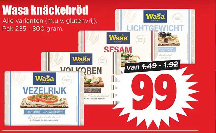 Wasa knäckebröd Alle varianten (m.u.v. glutenvrij). Pak 235 - 300 gram.