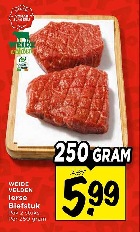 WEIDE VELDEN Ierse Biefstuk Pak 2 stuks. Per 250 gram