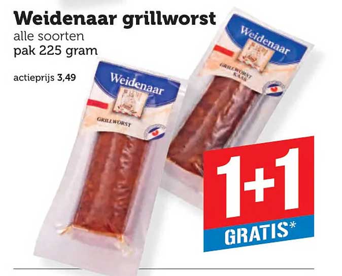 Weidenaar grillworst alle soorten pak 225 gram 1+1 GRATIS