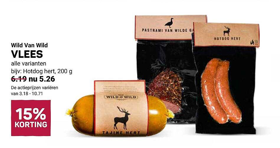 Wild Van Wild VLEES alle varianten bijv: Hotdog hert, 200 g 15% KORTING