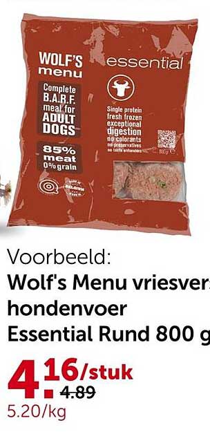Wolf's Menu vriesverse hondenvoer Essential Rund 800 g