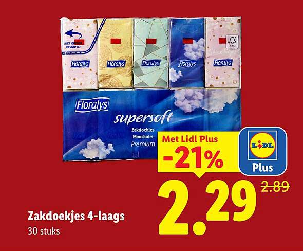 Zakdoekjes 4-laags 30 stuks Met Lidl Plus -21%