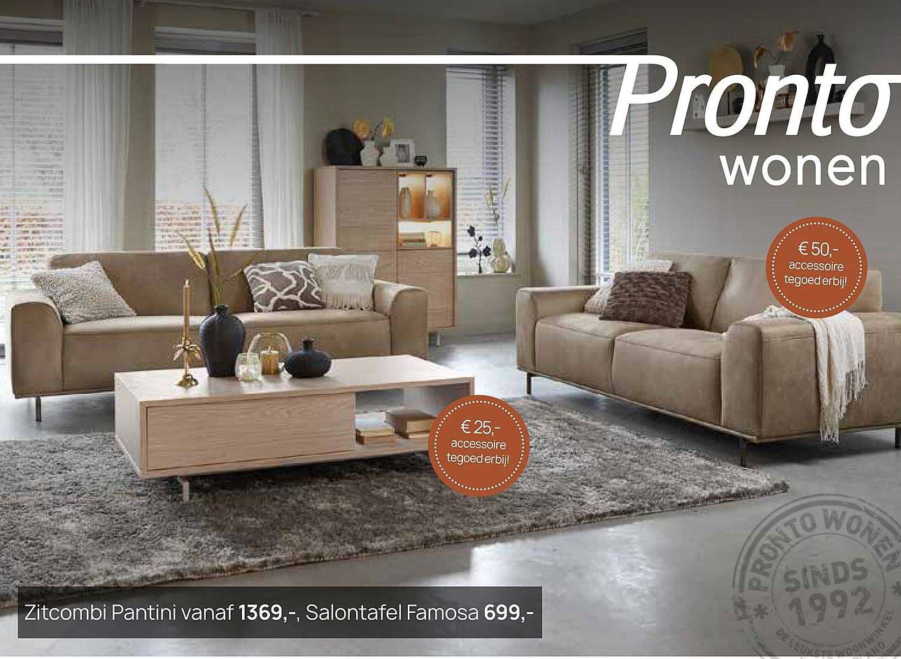 Zitcombi Pantini vanaf 1369,-, Salontafel Famosa 699,-