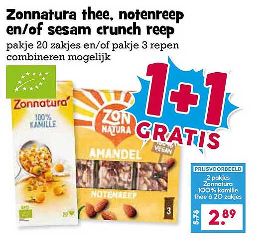 Zonnatura thee, notenreep en/of sesam crunch reep 1+1 GRATIS