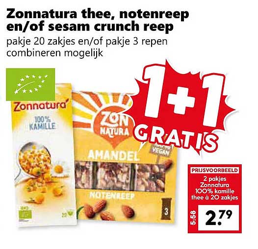 Zonnatura thee, notenreep en/of sesam crunchreep 1+1 gratis