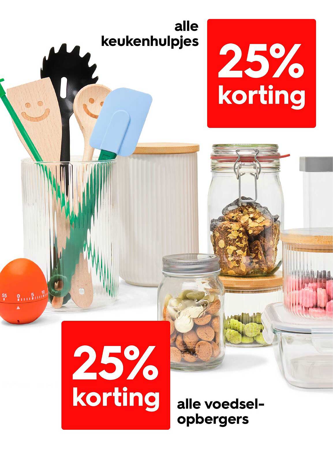 25% korting op alle keukenhulpen en voedselopbergers