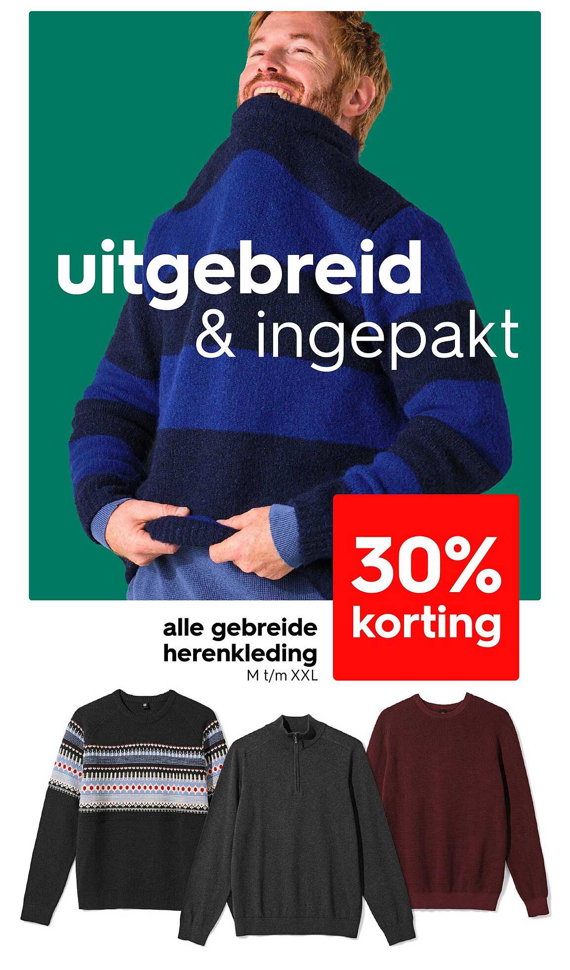 30% korting op alle gebreide herenmode M t/m XXL