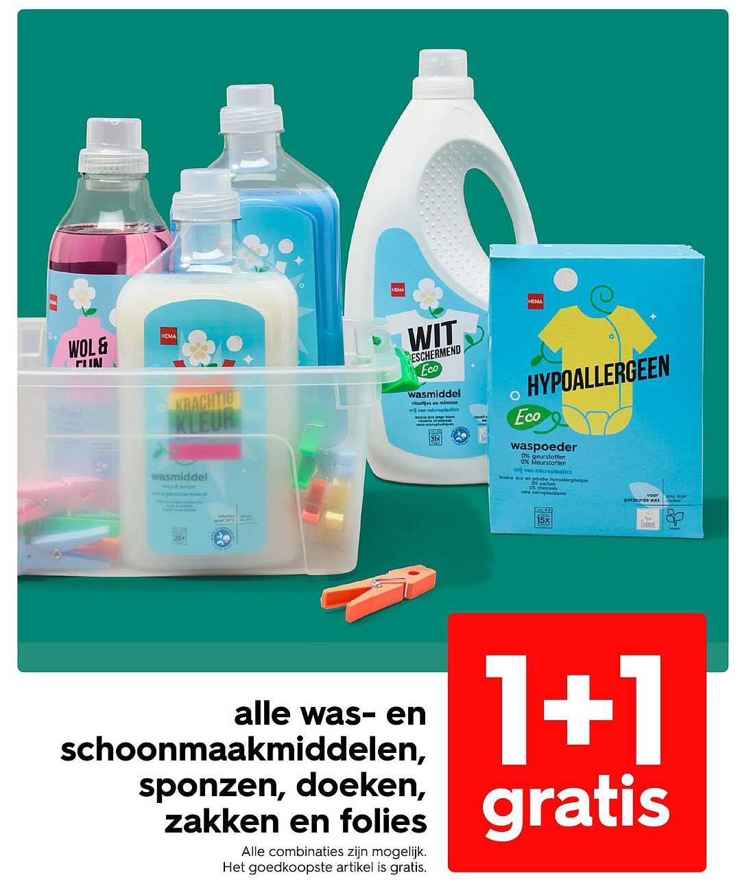alle was- en schoonmaakmiddelen, sponzen, doeken, zakken en folies 1+1 gratis