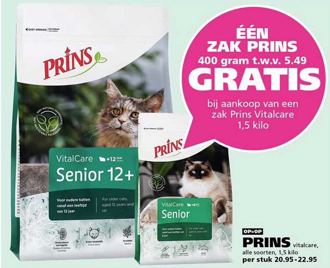ÉÉN ZAK PRINS 400 gram t.w.v. 5.49 GRATIS bij aankoop van een zak Prins Vitalcare 1,5 kilo