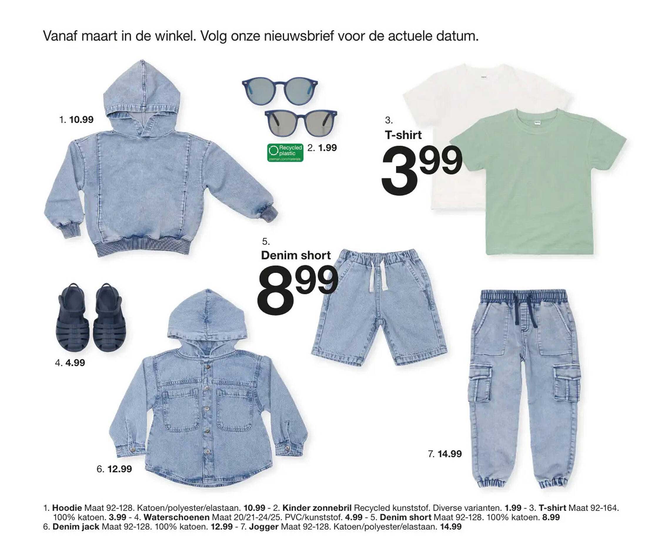 Hoodie  
Kinder zonnebril  
T-shirt  
Denim short  
Denim jack  
Jogger  