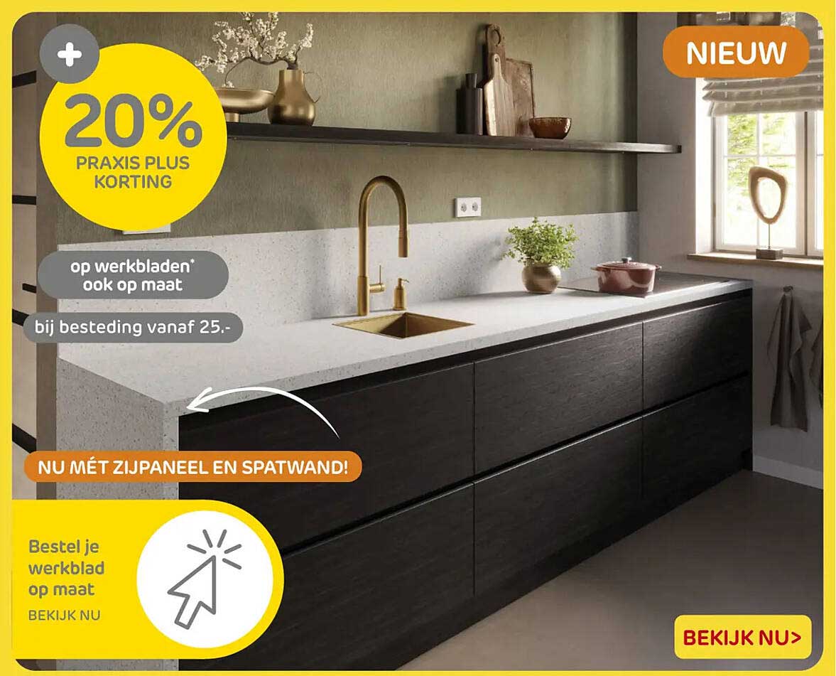 20% Praxis Plus korting op werkbladen* ook op maat bij besteding vanaf 25.- NU MÉT ZIJPANEEL EN SPATWAND!