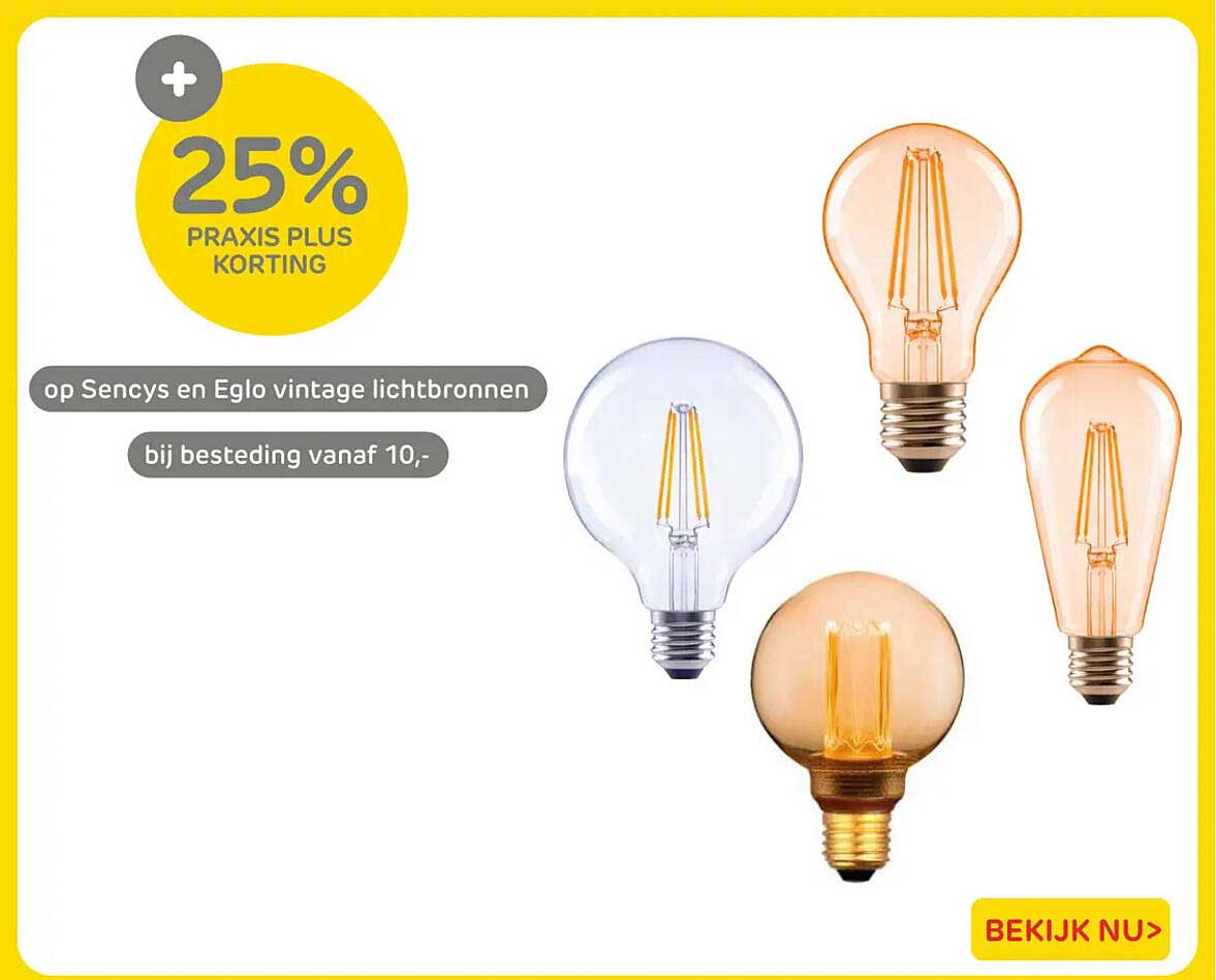 25% Praxis Plus korting op Sencys en Eglo vintage lichtbronnen bij besteding vanaf 10,-