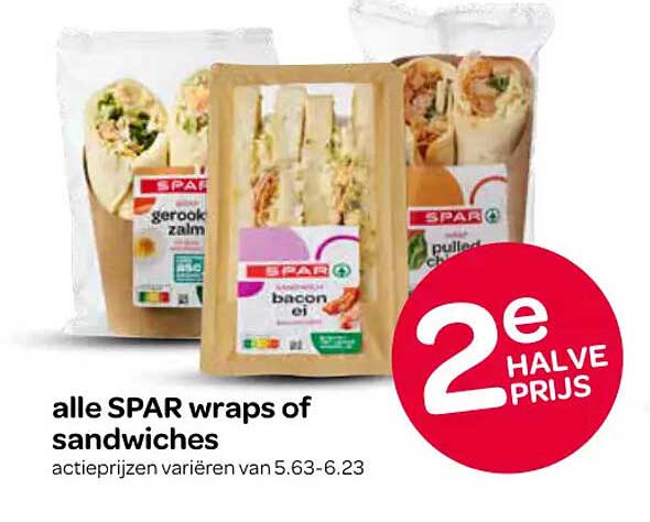 alle SPAR wraps of sandwiches 2e halve prijs