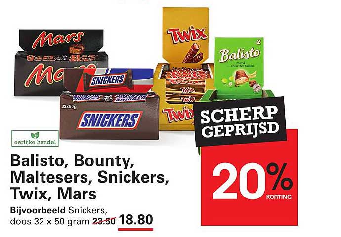 Balisto, Bounty, Maltesers, Snickers, Twix, Mars 20% korting
