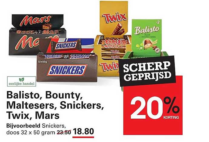 Balisto, Bounty, Maltesers, Snickers, Twix, Mars 20% korting