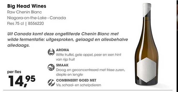 Big Head Wines Raw Chenin Blanc Niagara-on-the-Lake - Canada Fles 75 cl | 8556220