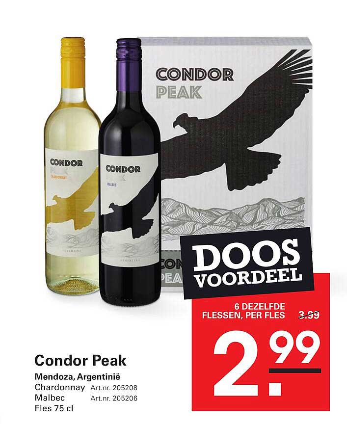 Condor Peak Mendoza, Argentinië Chardonnay Malbec Fles 75 cl DOOS VOORDEEL 6 DEZELFDE FLESSEN, PER FLES