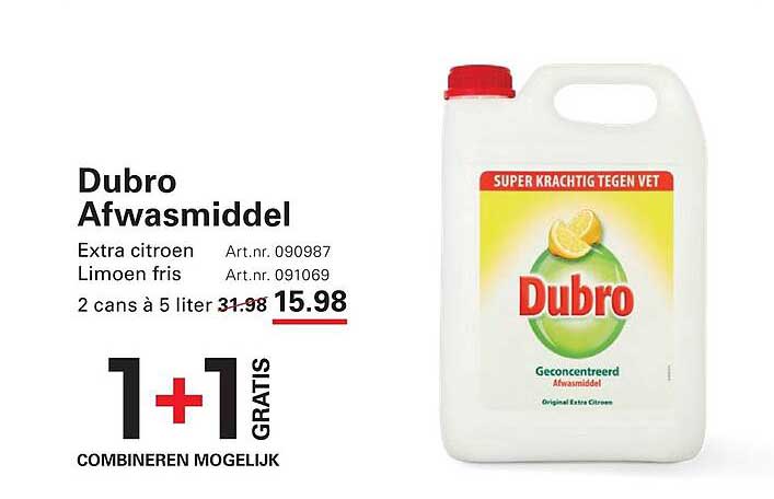 Dubro Afwasmiddel Extra citroen Limoen fris 2 cans à 5 liter 1+1 GRATIS COMBINEREN MOGELIJK