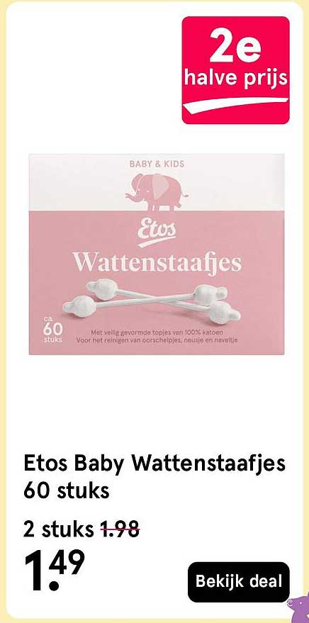 Etos Baby Wattenstaafjes 60 stuks 2e halve prijs