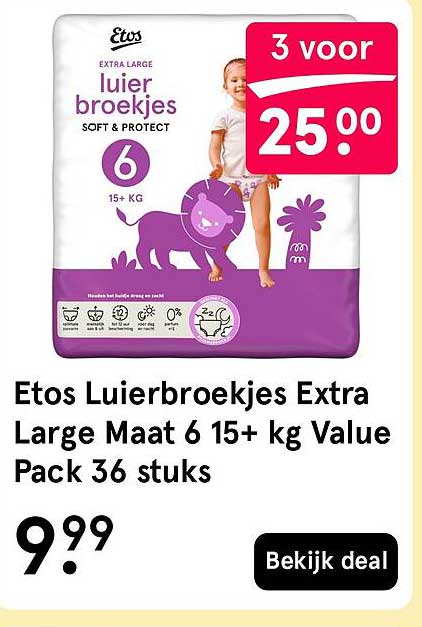 Etos Luierbroekjes Extra Large Maat 6 15+ kg Value Pack 36 stuks 3 voor 25.00