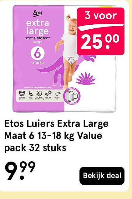 Etos Luiers Extra Large Maat 6 13–18 kg Value pack 32 stuks 3 voor 25.00