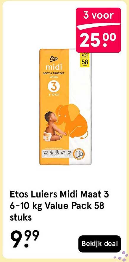 Etos Luiers Midi Maat 3 6-10 kg Value Pack 58 stuks 3 voor 25.00