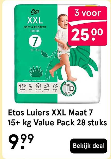 Etos Luiers XXL Maat 7 15+ kg Value Pack 28 stuks