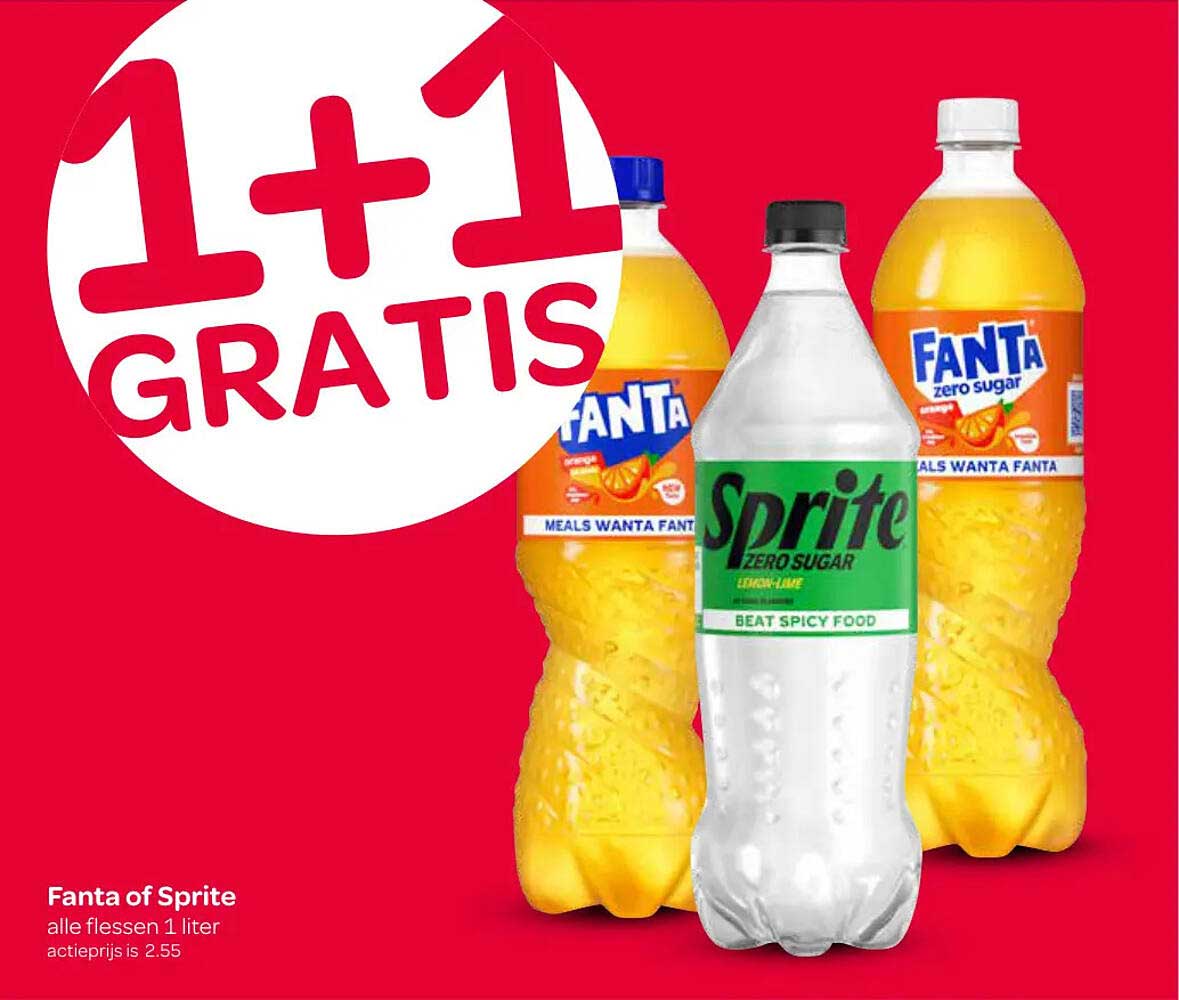 Fanta of Sprite alle flessen 1 liter 1+1 GRATIS