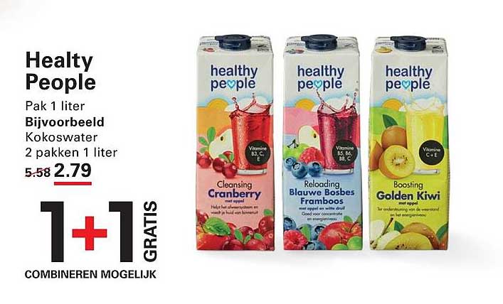 Healthy People Pak 1 liter Bijvoorbeeld Kokoswater 2 pakken 1 liter 1+1 GRATIS COMBINEREN MOGELIJK