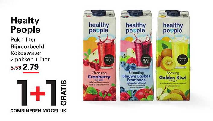 Healty People Pak 1 liter Bijvoorbeeld Kokoswater 2 pakken 1 liter 1+1 GRATIS