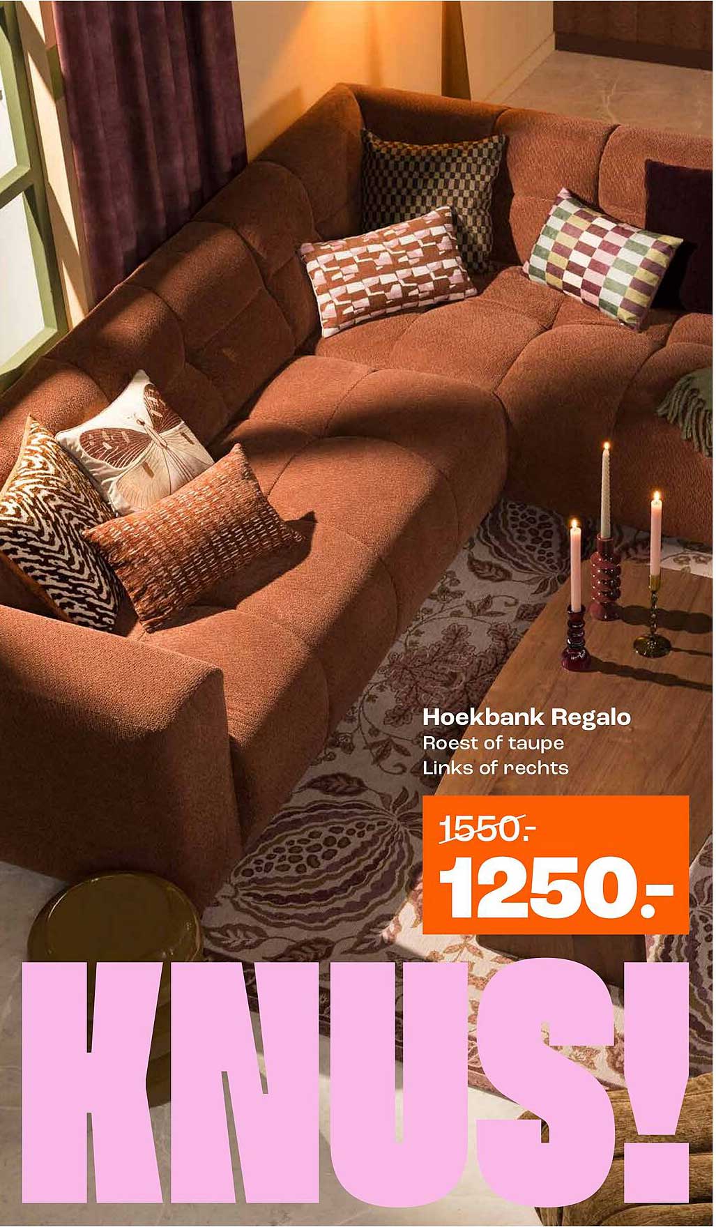 Hoekbank Regalo Roest of taupe Links of rechts