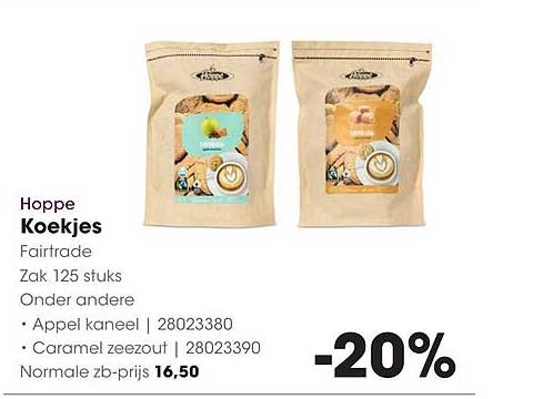 Hoppe Koekjes Fairtrade Zak 125 stuks Onder andere Appel kaneel | 28023380 • Caramel zeezout | 28023390 Normale prijs