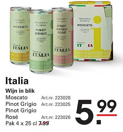 Italia Wijn in blik Moscato Pinot Grigio Pinot Grigio Rosé