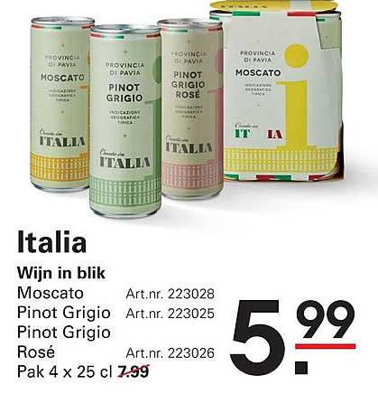 Italia Wijn in blik Moscato Pinot Grigio Pinot Grigio Rosé Pak 4 x 25 cl