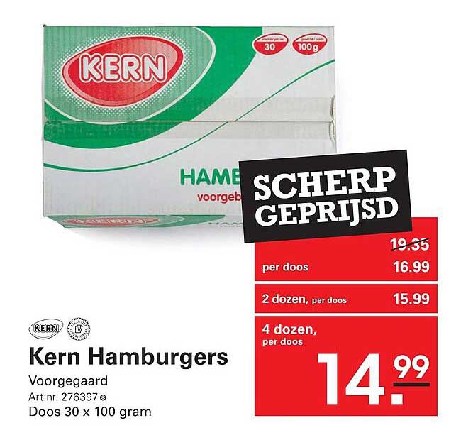 Kern Hamburgers Voorgegaard Doos 30 x 100 gram SCHERP GEPRIJSD