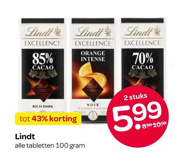 Lindt alle tabletten 100 gram tot 43% korting
