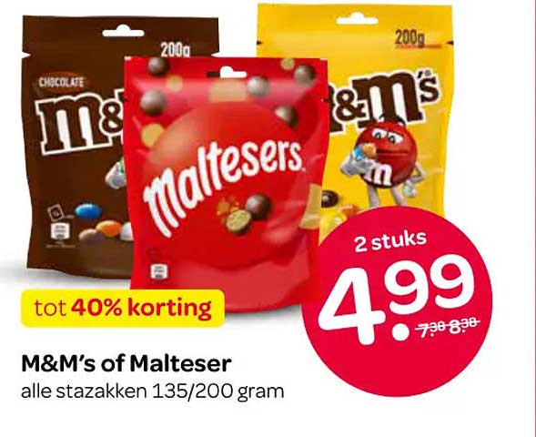 M&M’s of Malteser alle stazakken 135/200 gram 2 stuks tot 40% korting