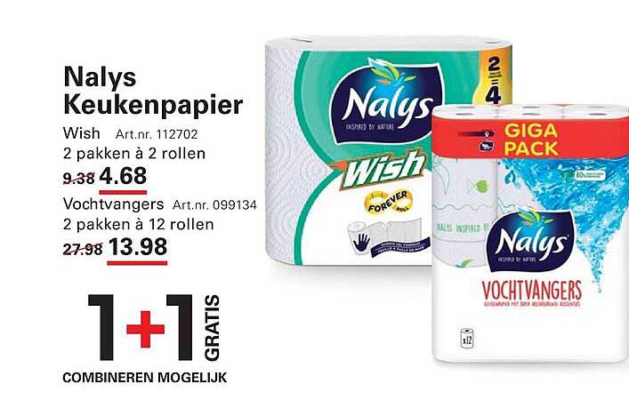 Nalys Keukenpapier Wish 2 pakken à 2 rollen Vochtvangers 2 pakken à 12 rollen 1+1 GRATIS COMBINEREN MOGELIJK