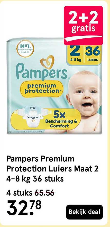 Pampers Premium Protection Luiers Maat 2 4-8 kg 36 stuks 2+2 gratis