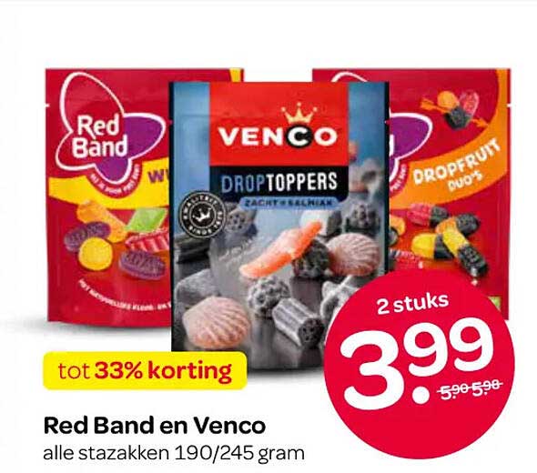 Red Band en Venco alle stazakken 190/245 gram tot 33% korting