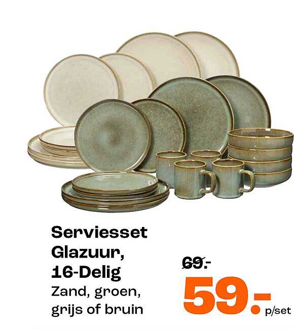 Serviesset Glazuur, 16-Delig Zand, groen, grijs of bruin