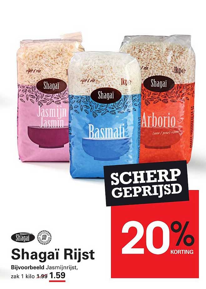 Shagai Rijst, Bijvoorbeeld Jasmijnrijst, zak 1 kilo 20% korting