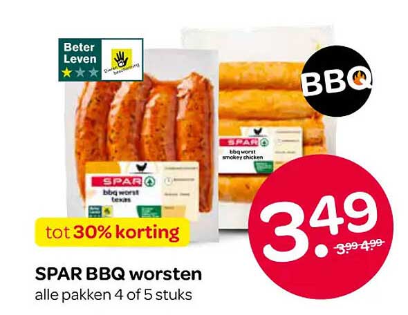 SPAR BBQ worsten alle pakken 4 of 5 stuks tot 30% korting