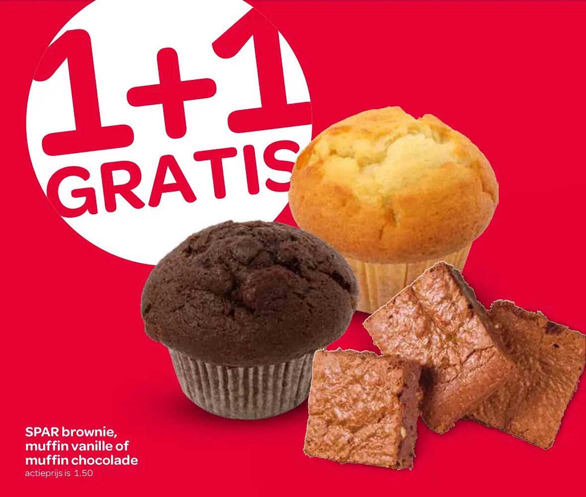 SPAR brownie, muffin vanille of muffin chocolade 1+1 GRATIS