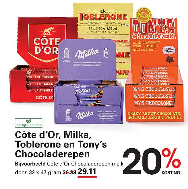 Côte d'Or, Milka, Toblerone en Tony's Chocoladerepen