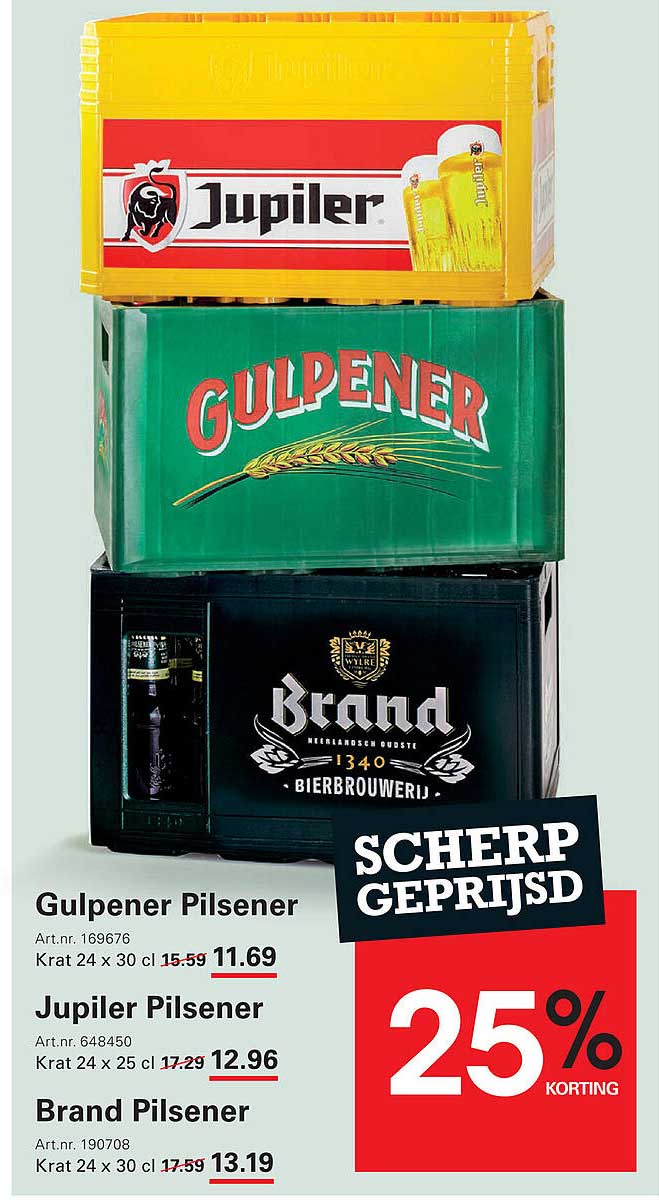 Gulpener Pilsener, Jupiler Pilsener en Brand Pilsener - 25% korting