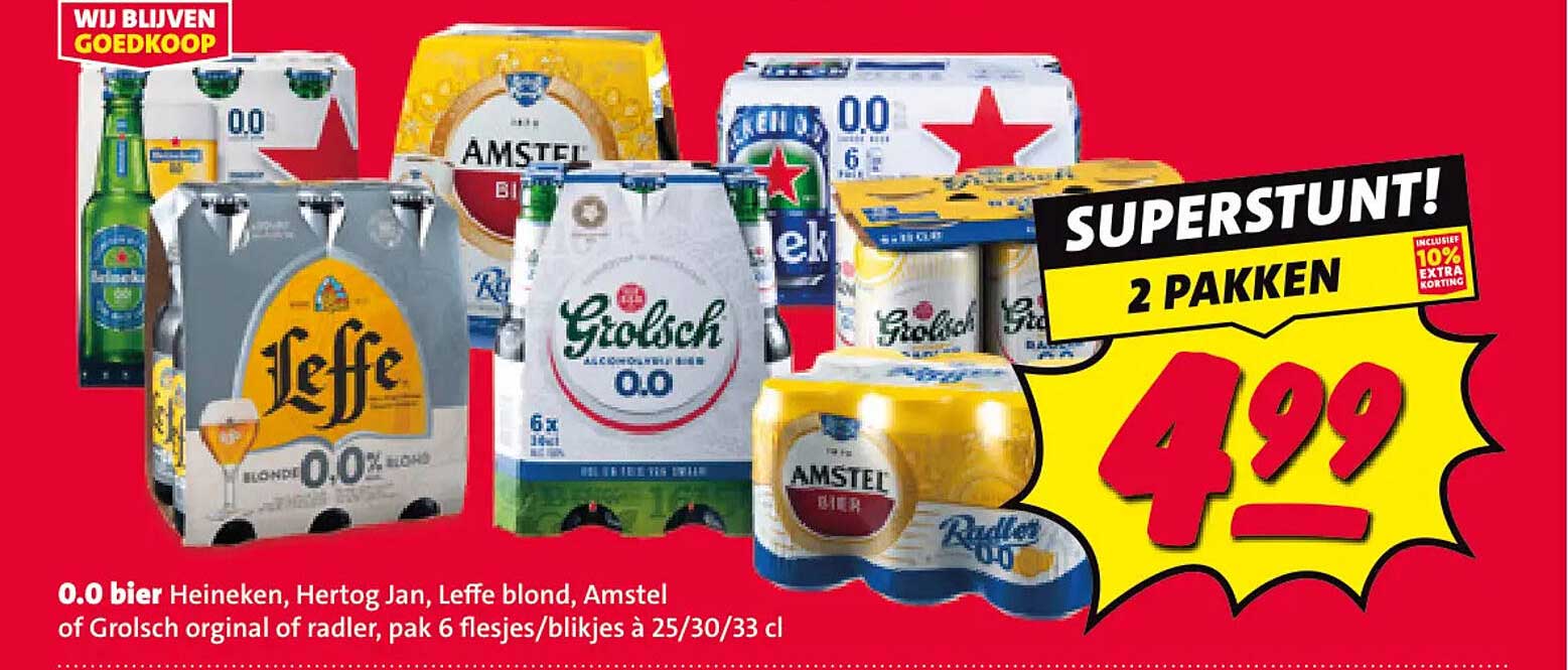 0.0 bier Heineken, Hertog Jan, Leffe blond, Amstel of Grolsch orginal of radler, pak 6 flesjes/blikjes à 25/30/33 cl