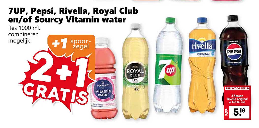 7UP, Pepsi, Rivella, Royal Club en/of Sourcy Vitamin water 2+1 GRATIS