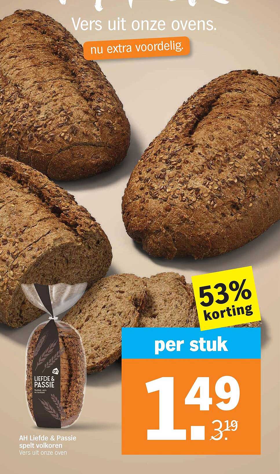 AH Liefde & Passie spelt volkoren Vers uit onze oven 53% korting per stuk